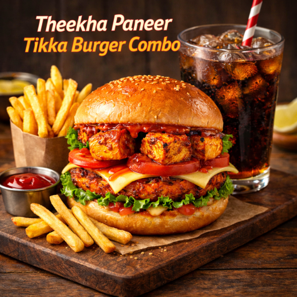 Theekha Paneer Tikka Burger Combo – Spicy Desi Blast