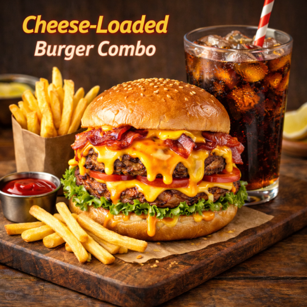 Cheese-Loaded Burger Combo – Ultimate Cheesy Feast